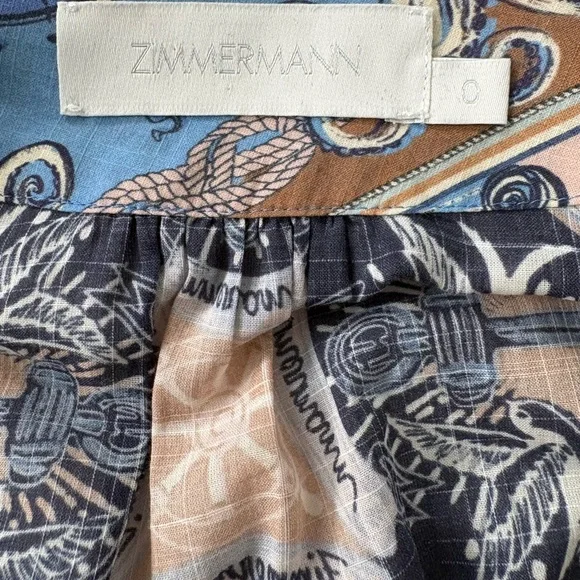 Zimmermann Patchwork Sailor Print Blue and Tan Long Sleeve Wrap Dress